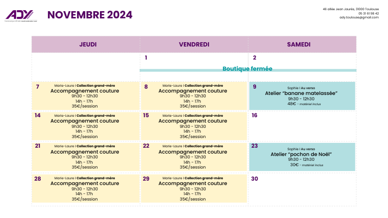 Planning des ateliers couture à la boutique Ady Toulouse en novembre 2024